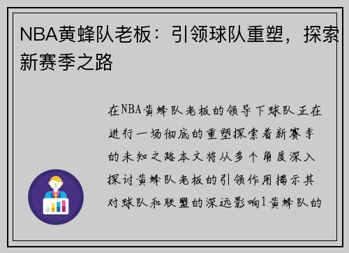 NBA黄蜂队老板：引领球队重塑，探索新赛季之路